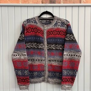 Tangents Red and Blue Patterned Zip-Up Sweater